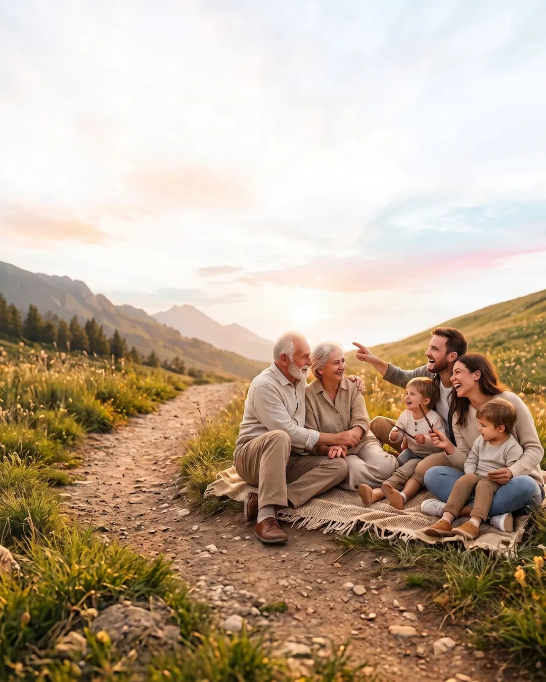 Familia sentada junto al camino de montañas al atardecer